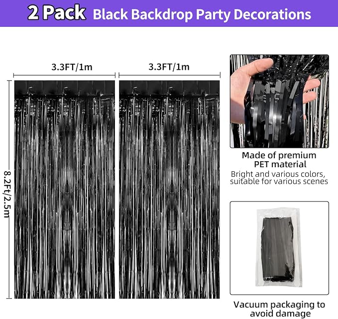 JINSUI Black Tinsel Backdrop 3.3x8.2ft, 2 Pack Foil Fringe Curtains Decor - Image 3