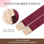 GOO GOO Tape in Hair Extensions Human Hair, Burgundy Red, 22inch 30g 10pcs, Colored Tape ins Human Hair Extensions, Silky&Soft Invisible Tape Ins, Hair Highlighted for Party