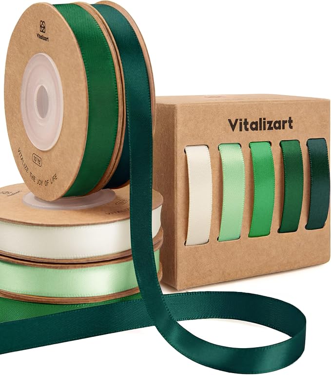 Vitalizart Green Ribbons for Crafts 3/8" x 50Yds Double-Faced Satin Ribbon | by Vitalizart
