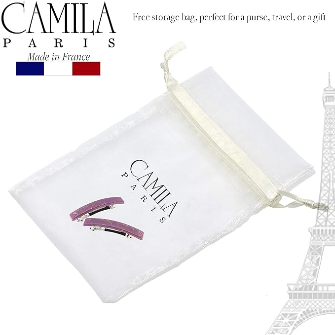 Camila Paris CP3039 French Hair Barrette Clip for Girls, Set of 2 Purple Rubberized Metal Clasp Strong Hold Grip Hair Clips for Women, No Slip Durable Styling Girls Hair Accessories, Made in France
