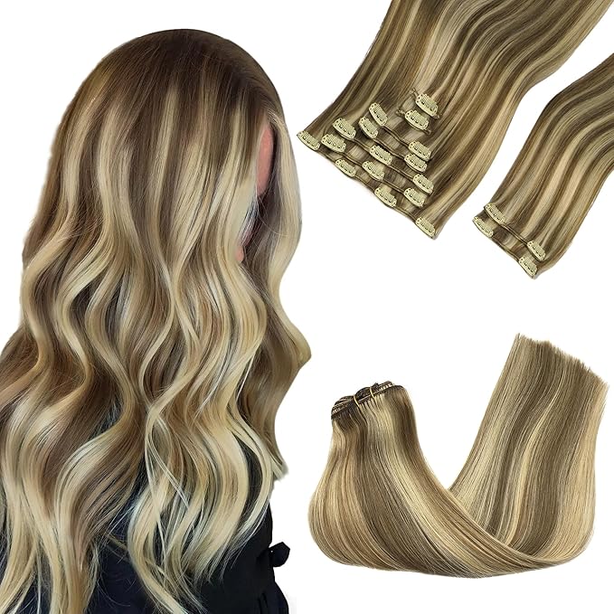 GOO GOO Clip in Hair Extensions Real Human Hair, Remy Human Hair Extensions Clip ins for Women, Natural Human Hair, 18inch 150g 9Pcs, 8A/22 Medium Brown Highlighted Golden Blonde
