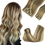 GOO GOO Clip in Hair Extensions Real Human Hair, Remy Human Hair Extensions Clip ins for Women, Natural Human Hair, 14inch 150g 9Pcs, 8A/22 Medium Brown Highlighted Golden Blonde