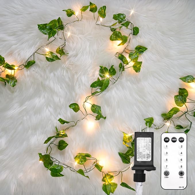 33FT 100 LED Pothos Vine with Fairy Lights Plug in Clear Wire | Connectable by SUDDUS
