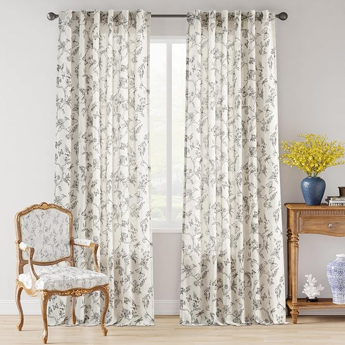 Black Floral Linen Curtains Farmhouse Rod Pocket 50W X 96L 2 Panels | Charlotte - Image 2