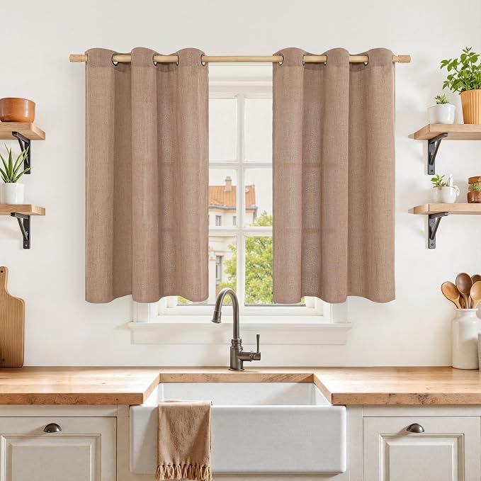 YoungsTex Mocha Brown Linen Kitchen Window Curtains 40 Inch Length, Short Semi by YoungsTex