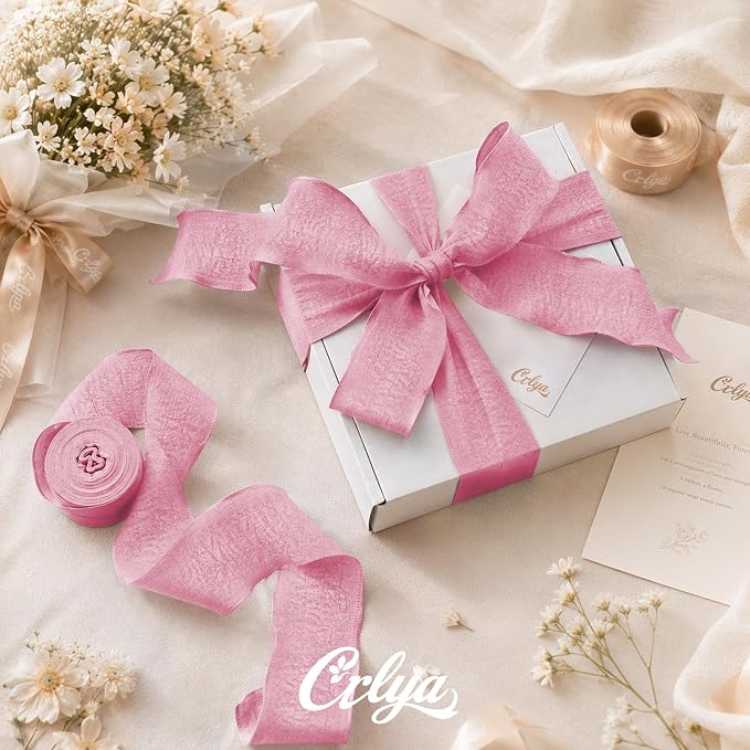 Pink Ruffle Ribbon, 1-1/2 Inch x 10 Yards Chiffon Silk Ribbons | Crinkle ribbon - Image 2