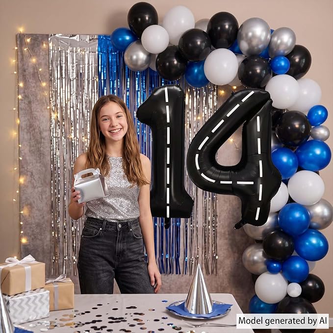 Black and White Stripes Number 14 Balloon 40 Inch, Foil Digits Track Decor | - Image 6