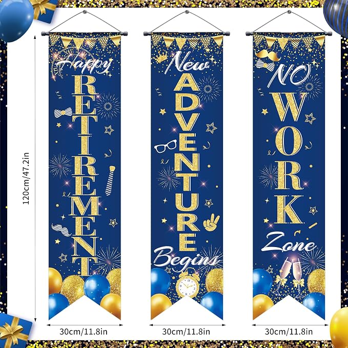 3Pcs Retirement Porch Sign Door Hanging Banner Navy Blue Gold Happy Retirement - Image 2