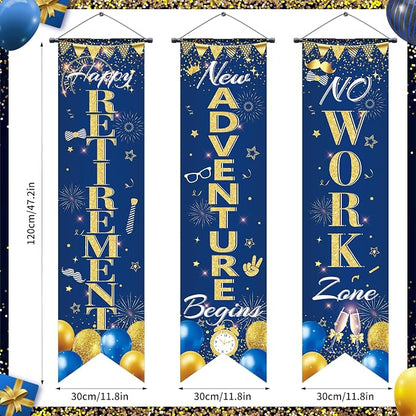 3Pcs Retirement Porch Sign Door Hanging Banner Navy Blue Gold Happy Retirement - Image 2