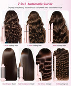 7 in 1 Automatic Curling Iron Interchangeable Barrels -0.5",1", 1.25", 1.5" Curling Wand, Hair Crimper & Straightening Brush,& Rotating Curler, 300M Negative Ions & Dual Voltage, Home & Travel