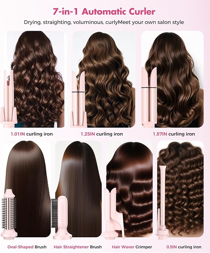 7 in 1 Automatic Curling Iron Interchangeable Barrels -0.5",1", 1.25", 1.5" Curling Wand, Hair Crimper & Straightening Brush,& Rotating Curler, 300M Negative Ions & Dual Voltage, Home & Travel