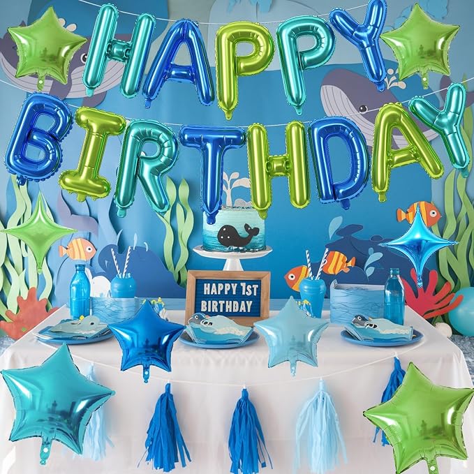Happy Birthday Balloon Banner Blue Green, 16 Inch Mylar Foil Letter Balloons - Image 5