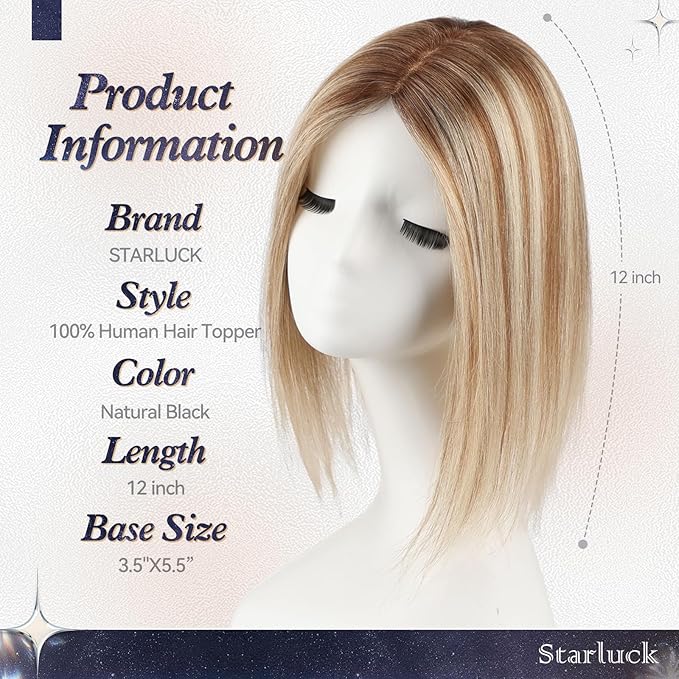 starluck Human Hair Toppers for Women Real Human Hair No Bangs 4 * 5.5 inch Base 12 inch SilkHug Hair Topper for Women Cover Grey Roots(Brown with Blonde Highlight)