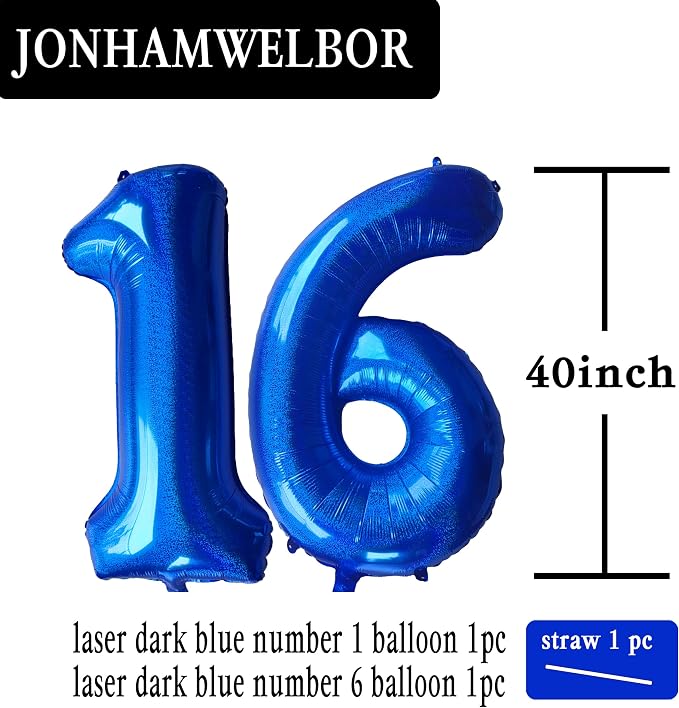 Jonhamwelbor 40 Inch Laser Blue 16 Balloon Numbers Foil Mylar Giant Balloon - Image 2