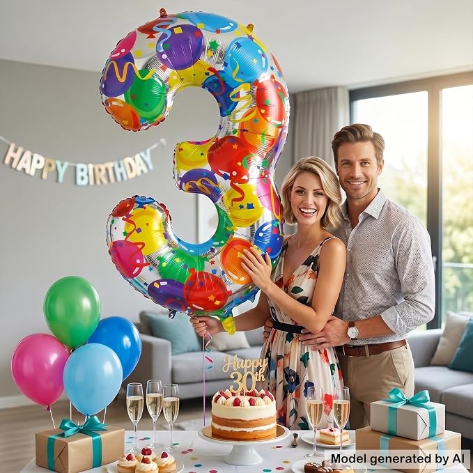 40 Inch Number 3 Balloon, Large Foil Mylar Number Balloon - Image 3
