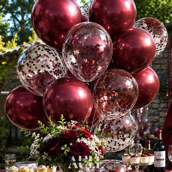 AULE 42Pcs Metallic 12 Inch Burgundy Confetti Balloons Set | Maroon Party - Image 4