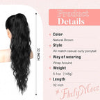 Flufymooz Ponytail Extension, Flexible Wrap Around Ponytail Extension Long Wavy Curly Ponytail Hair Extensions Natural pony tail Synthetic Hairpiece for Women 32 Inch (Natural Black)