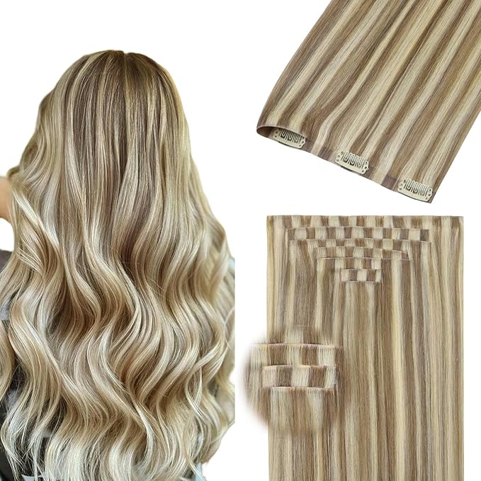 DOORES Invisi Edge Clip in Hair Extensions 22 inch 150g 7pcs, Virgin Invisible Seamless Clip in Extension Real Human Hair Injected Clipins Straight, P8/60 Light Brown Highlighted Medium Blonde