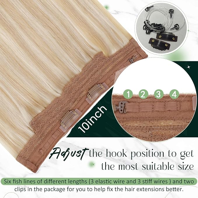 RUNATURE Wire Human Hair Extensions, Blonde Hair Extensions Real Human Hair, Headband Fish Line Extension for Women, Straight Remy Natural Hair, 12 Inch 70g #18P613 Ash Blonde Highlights