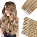 Sindra Invisi Edge Tape in Hair Extensions Human Hair, 14 Inch 40g 20pcs Golden Brown Mixed Light Blonde Invisible Extensions Natural Straight Seamless Injected Tape Ins