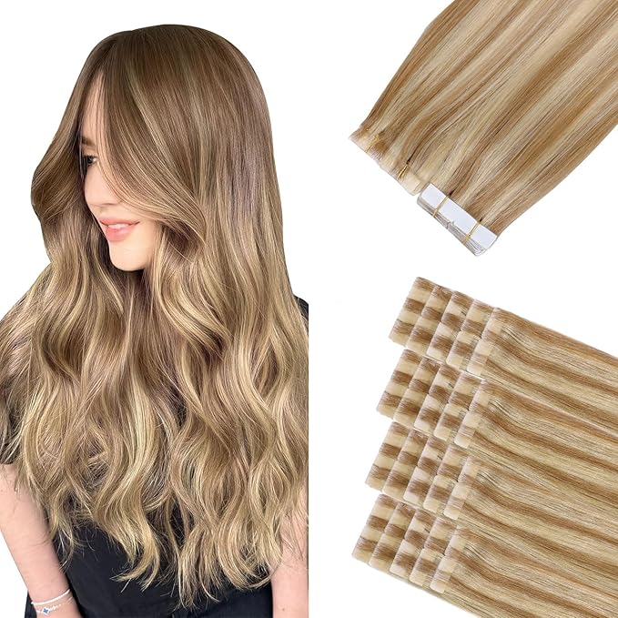 Sindra Invisi Edge Tape in Hair Extensions Human Hair, 16 Inch 45g 20pcs Golden Brown Mixed Light Blonde Invisible Extensions Natural Straight Seamless Injected Tape Ins