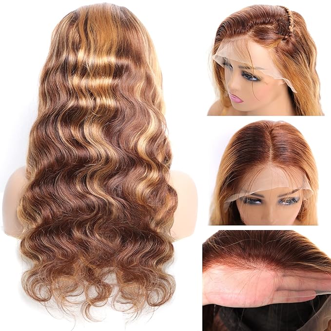 Ombre Lace Front Wigs Human Hair Pre Plucked 13x4 HD Transparent 4/27 Colored Body Wave lace frontal Wigs Human Hair 200% Density Honey Blonde Lace Front wigs for Women 26 Inch