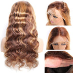 13x4 Highlight Ombre Lace Front Wig Human Hair Pre Plucked 4/27 Honey Blonde HD Glueless Colored Lace Frontal Wigs For Women with Baby Hair 200% Density Body Wave Lace Front Wig (28 Inch)