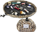 Lay-n-Go Cosmo Layflat Drawstring Cosmetic & Makeup Bag Organizer w/Zipper Pocket, Brush Loops & More, Cinch to Close, Lay Flat to Use, Durable, Machine Wash, Travel Toiletry Bag (20", Leopard)