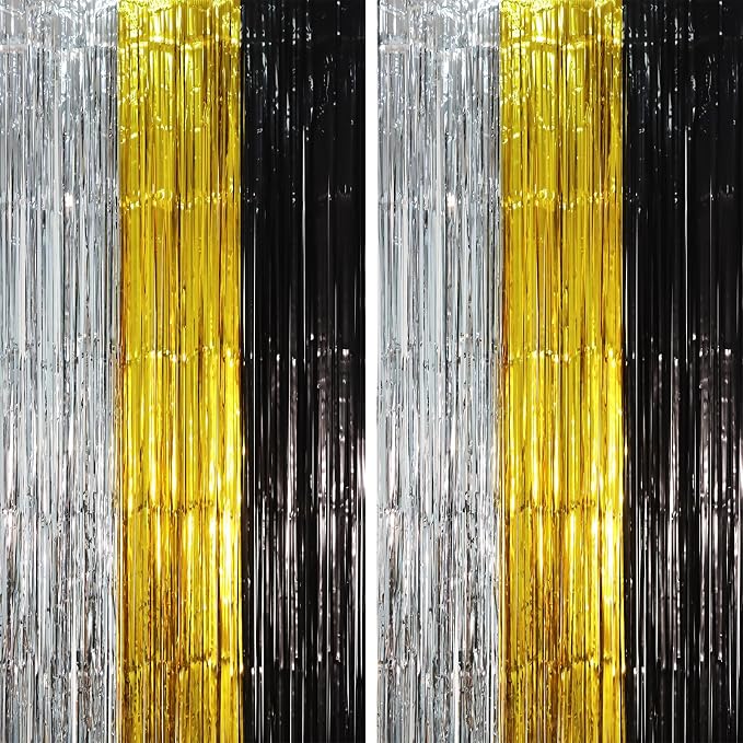 Voircoloria Black Gold Silver Fringe Backdrop Curtains, 2 Pack | Tinsel by Voircoloria