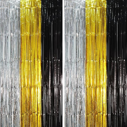 Voircoloria Black Gold Silver Fringe Backdrop Curtains, 2 Pack | Tinsel by Voircoloria