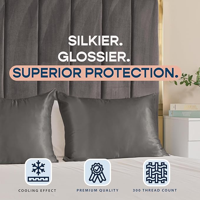 BLISSFORD Satin Pillowcase with Zipper, for Hair and Skin Care, Feels Soft and Cool Like a Silk Pillowcase, Satin Pillow Cases 2 Pack, Slik Pillow Cover, Dark Grey - King Size