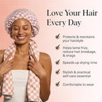 Kitsch Love & Comfort 2PC Spa Set - Satin Lined Reusable Waterproof Shower Cap and XL Quick Dry Hair Towel Wrap for Women, Microfiber Towel, Flexi Shower Cap For All Hair Types - Terracotta Checker