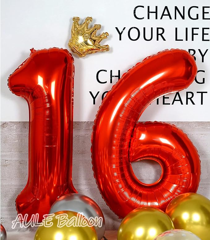 AULE 40 Inch Red 16 Balloon Number Foil 0-9 Birthday Big Numbers | Birthday - Image 2