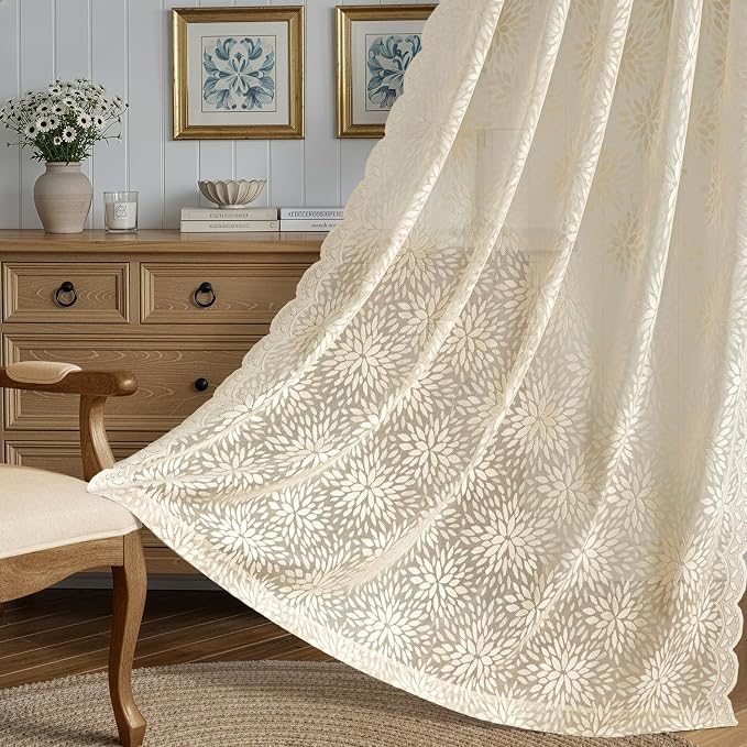 MIULEE Vintage Floral Scalloped Lace Curtains 2 Panels, Cream 52" W x 63" L | - Image 3