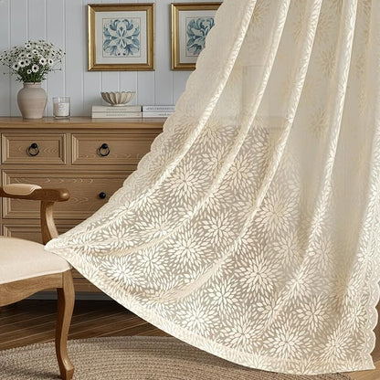 MIULEE Vintage Floral Scalloped Lace Curtains 2 Panels, Cream 52" W x 63" L | - Image 3