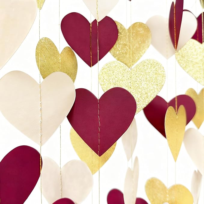 Maroon Gold Party Decorations Burgundy Beige Glitter Gold Paper Love Heart - Image 5