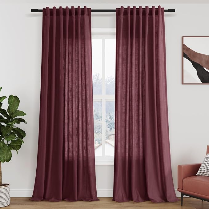 Burgundy Linen Curtains Semi Sheer 96 Inches Long 2 Panels Set by Nanspring