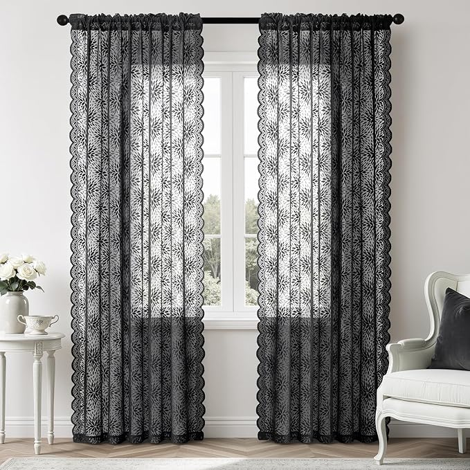 MIULEE Black Floral Lace Curtains 2 Panels, Light Filtering Rod Pocket Panels - Image 7