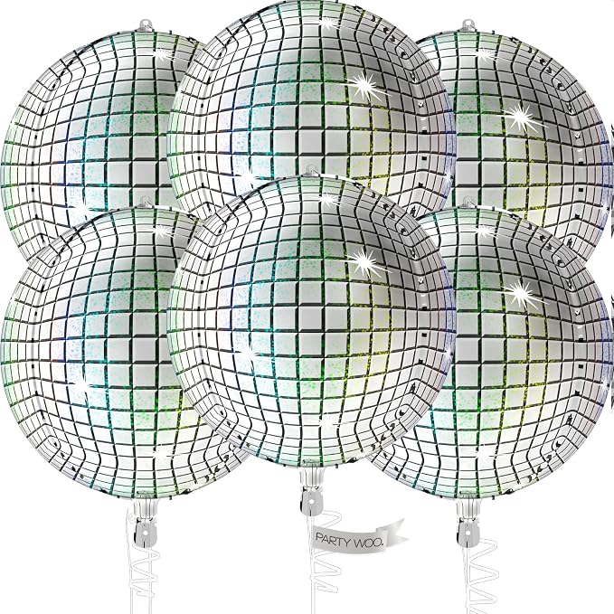 PartyWoo Silver Disco Ball Large Giant 4D Jumbo Foil Balloons 6pcs 22 Inch | 22 by PartyWoo