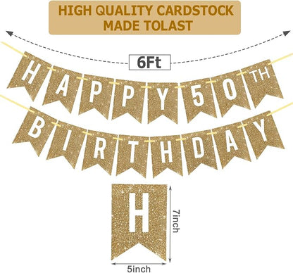 Netnology Pre-Strung Gold Glitter 50th Happy Birthday Banner Decorations | 12 - Image 2