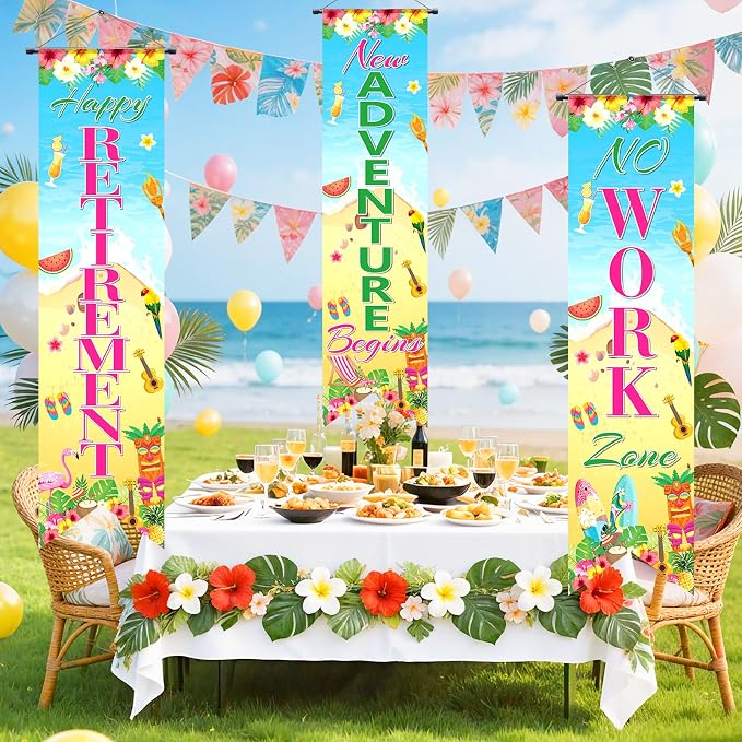 3Pcs Retirement Porch Sign Door Hanging Banner Luau Tropical Happy Retirement - Image 4