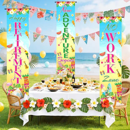 3Pcs Retirement Porch Sign Door Hanging Banner Luau Tropical Happy Retirement - Image 4