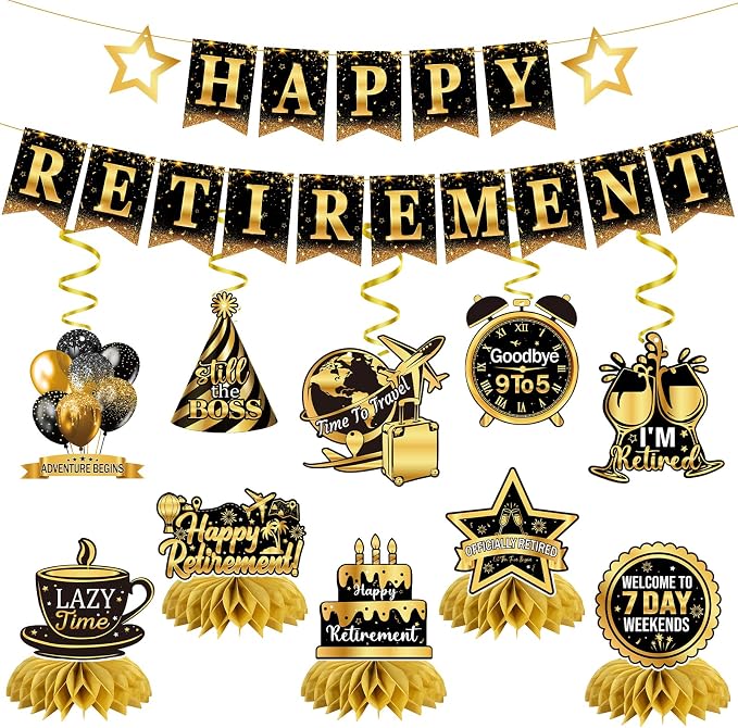 Retirement Party Decorations Set Black and Gold, Happy Retirement Banner by Sereliy