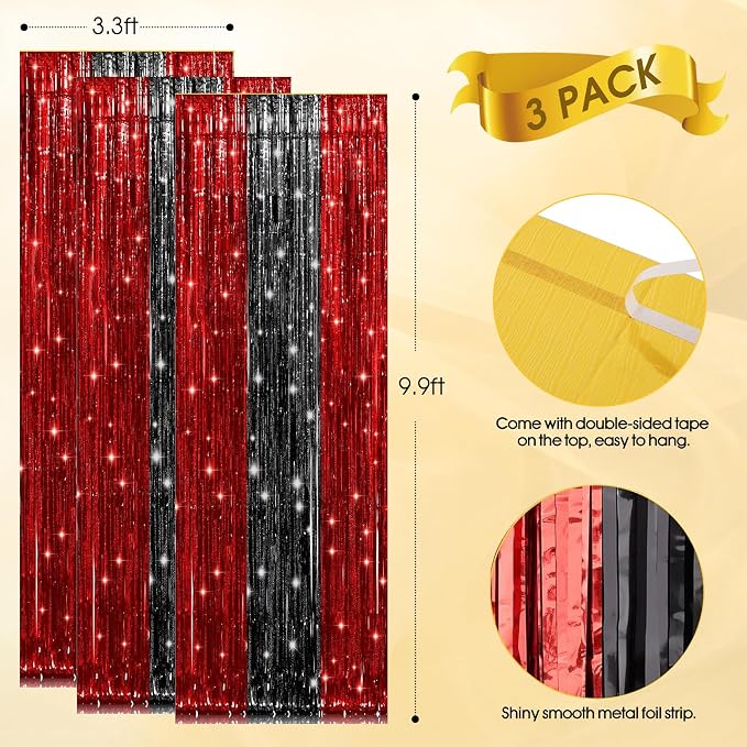 3 Pack Black and Red Backdrop Party Decorations Tinsel Curtain Party Backdrop - Image 6