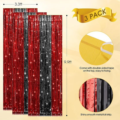 3 Pack Black and Red Backdrop Party Decorations Tinsel Curtain Party Backdrop - Image 6