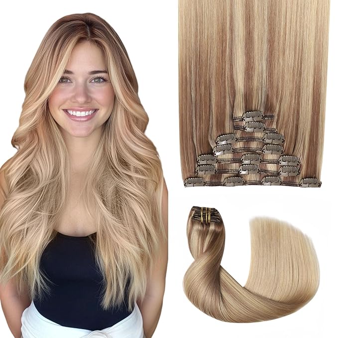 Pro2.0 Remy Clip in Extensions Real Human Hair Color #10/16/16 Ash Brown to Caramel Blonde Remy Clip in Hair Extensions Real Human Hair 18inch 120g Thick 7pcs Double Weft（#10/16/16-18inch）