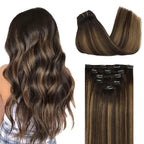 DOORES Human Hair Extensions Clip in, 5pcs 85g 22 Inch Balayage Ombre Dark Brown to Chestnut Brown Clip in Hair Extensions Natural Hair Extensions Silky Straight