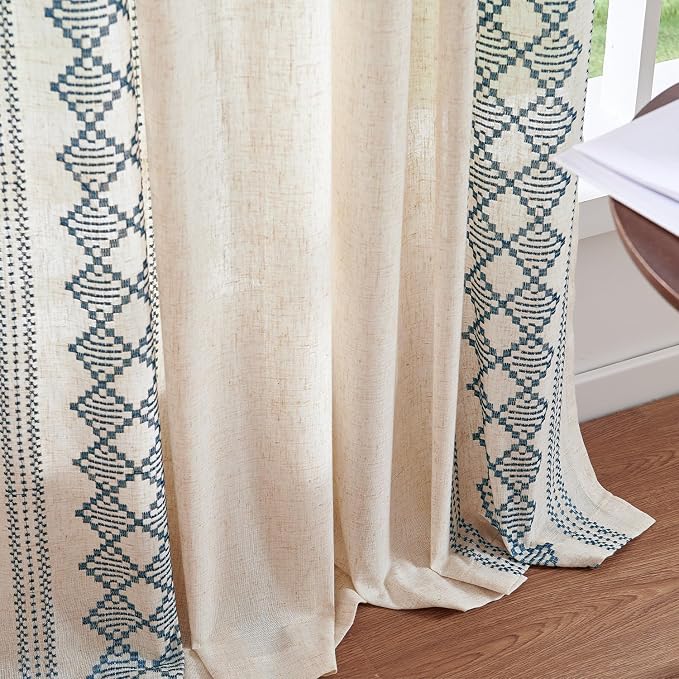 jinchan Floral Linen Curtains Embroidered Back Tab 50x96in 2 Panels Blue | - Image 7