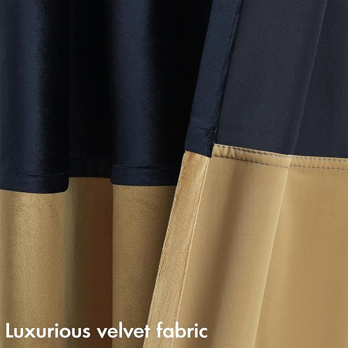 Navy Gold Velvet Blackout Curtains Luxury Decor 84 inches, Color Block | Living - Image 3