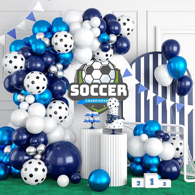 Soccer Balloon Arch Kit, Royal Blue Silver White Metallic Silver Football by Sowide